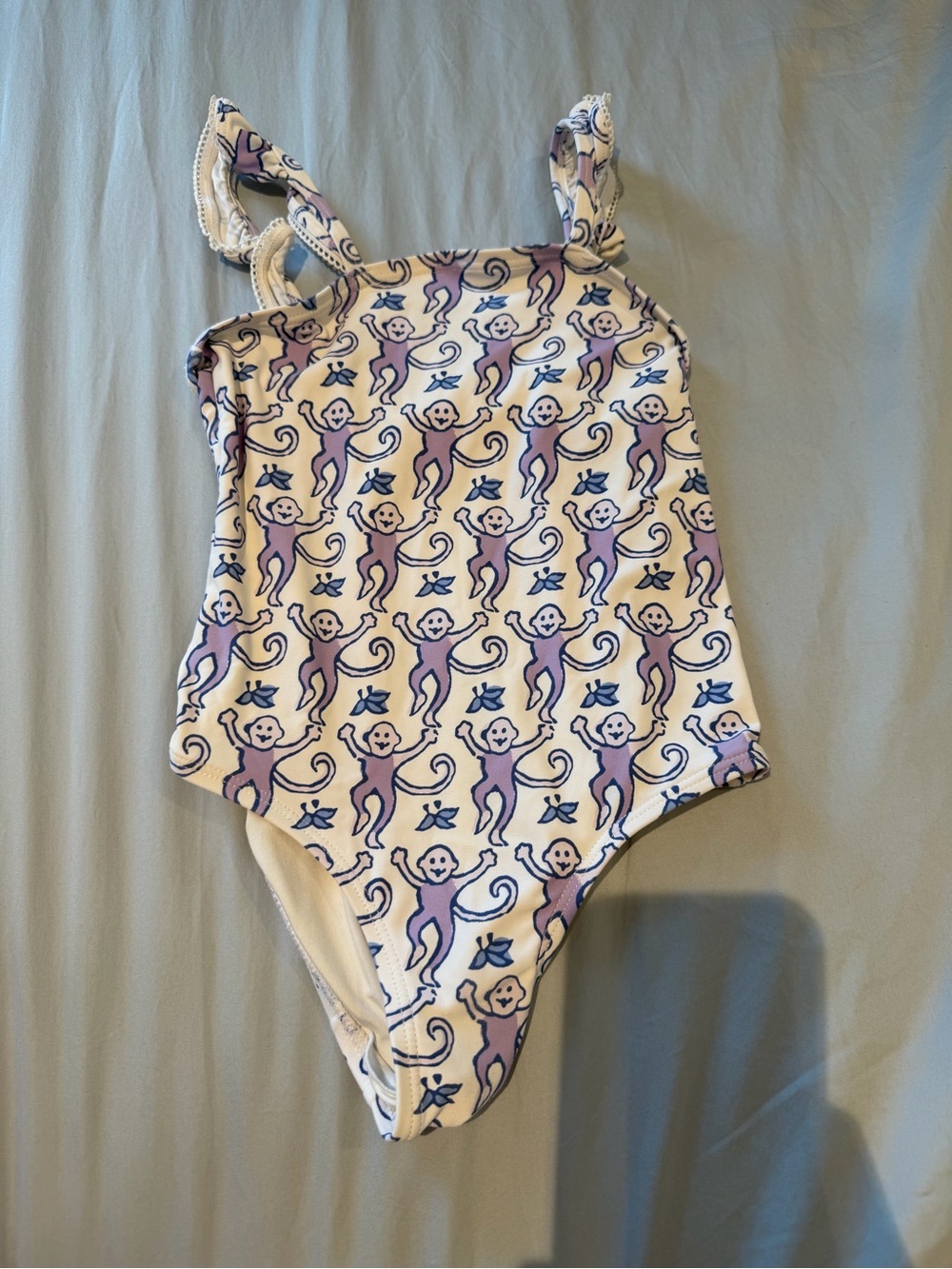Roller Rabbit Kids One-Piece Swim in White and Purple Monkey Print